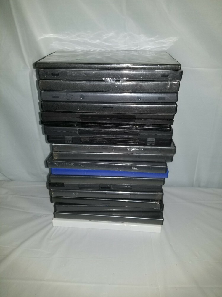 21 PACK BLACK/WHITE AND BLUE EMPTY DVD CASES (DIFFERENT SIZES)