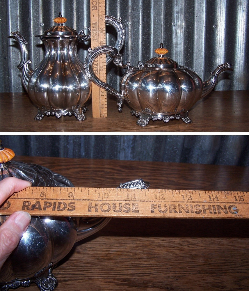 Vintage Melon Pattern Silverplate Coffee & Tea Service w Melon Bakelite Finials