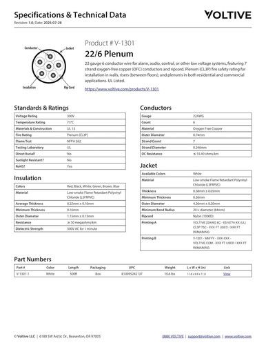 Voltive 22/6 Low Voltage Wire, Plenum CL3P, White, 500ft - 500ft, White