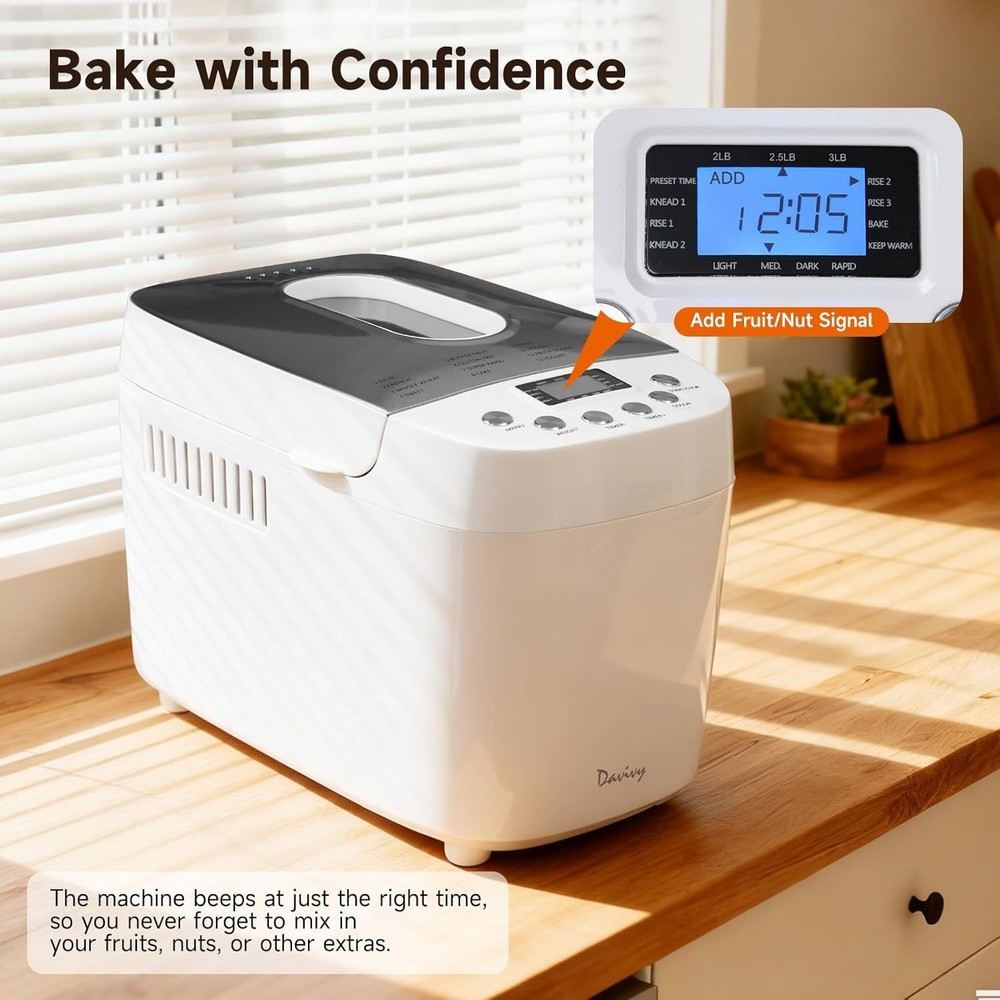 Davivy Bread Maker 3LB 15-in-1 Automatic Bread Machine w/ Silicone Baking Gloves