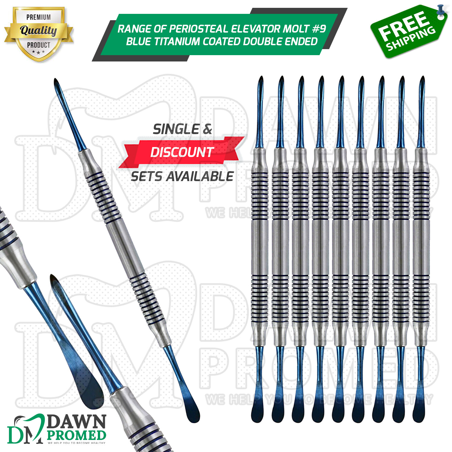 Dental Periosteal Elevator Molt # 9 Blue Titanium Coated Double Ended German Gr