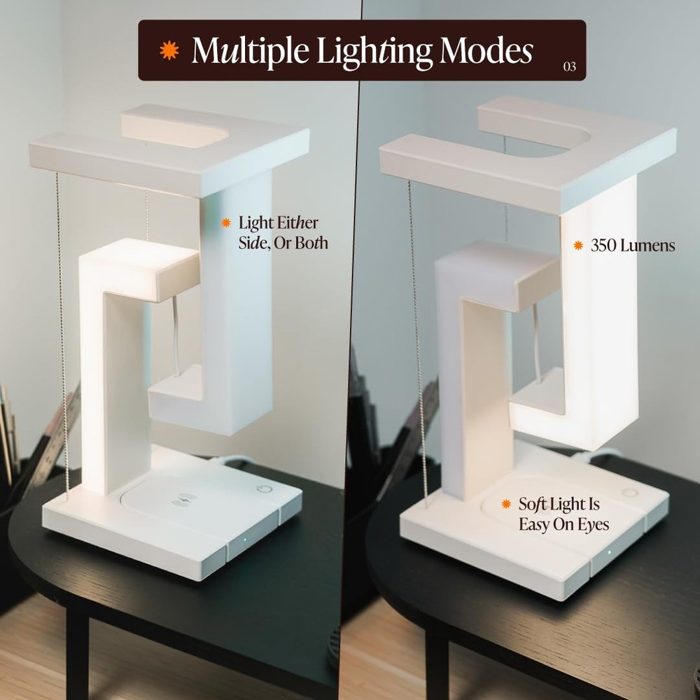 Floating Desk Lamp - Levitating Table with Wireless Charging and White