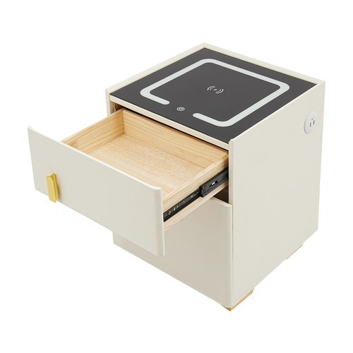 White Wireless Charging Bedside Cabinet w/Lock Bluetooth Speaker Bedside Table