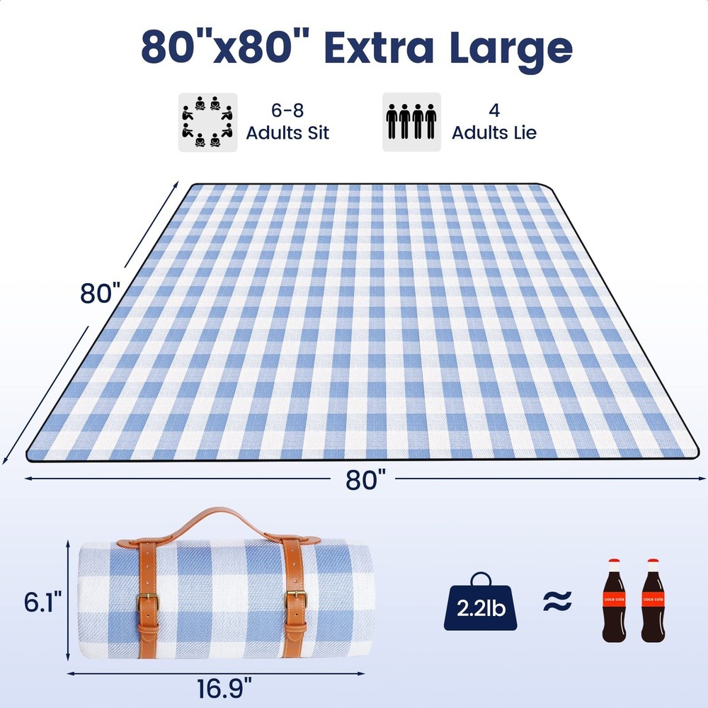 sapsisel 80”x 80” Picnic Blanket Extra Large, Waterproof and Foldable Beach B...