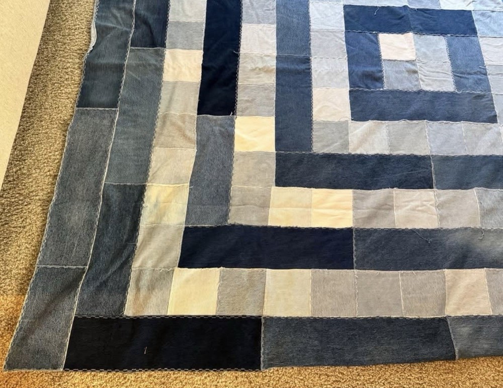 Vintage Patchwork Squares Denim Quilt Heavy Unique Mod Geometric