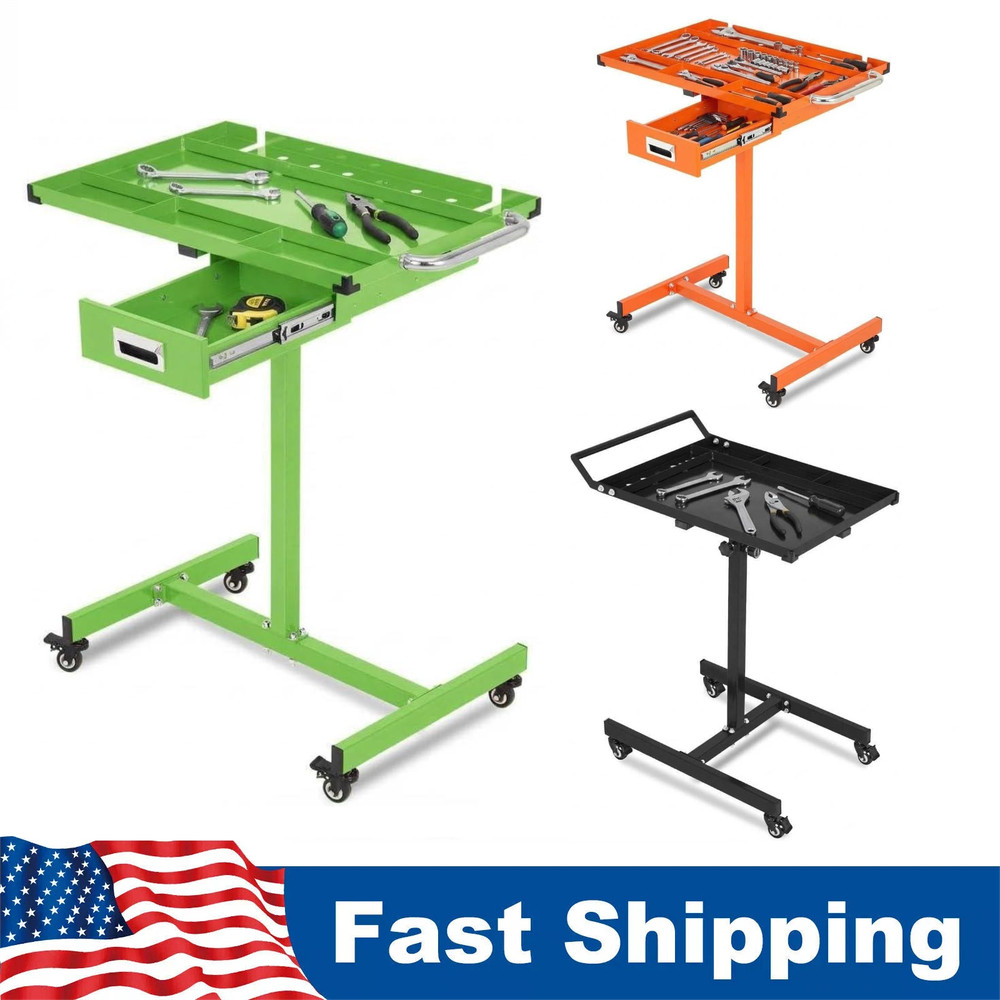 Rolling Tool Tray with Wheels Adjustable Height Mobile Work Table 300Lb Capacity