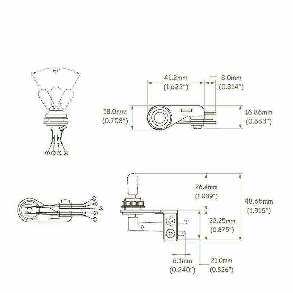Right Angle 3-Way Toggle Switch for 2 Pickup Guitars Nickel with black tip