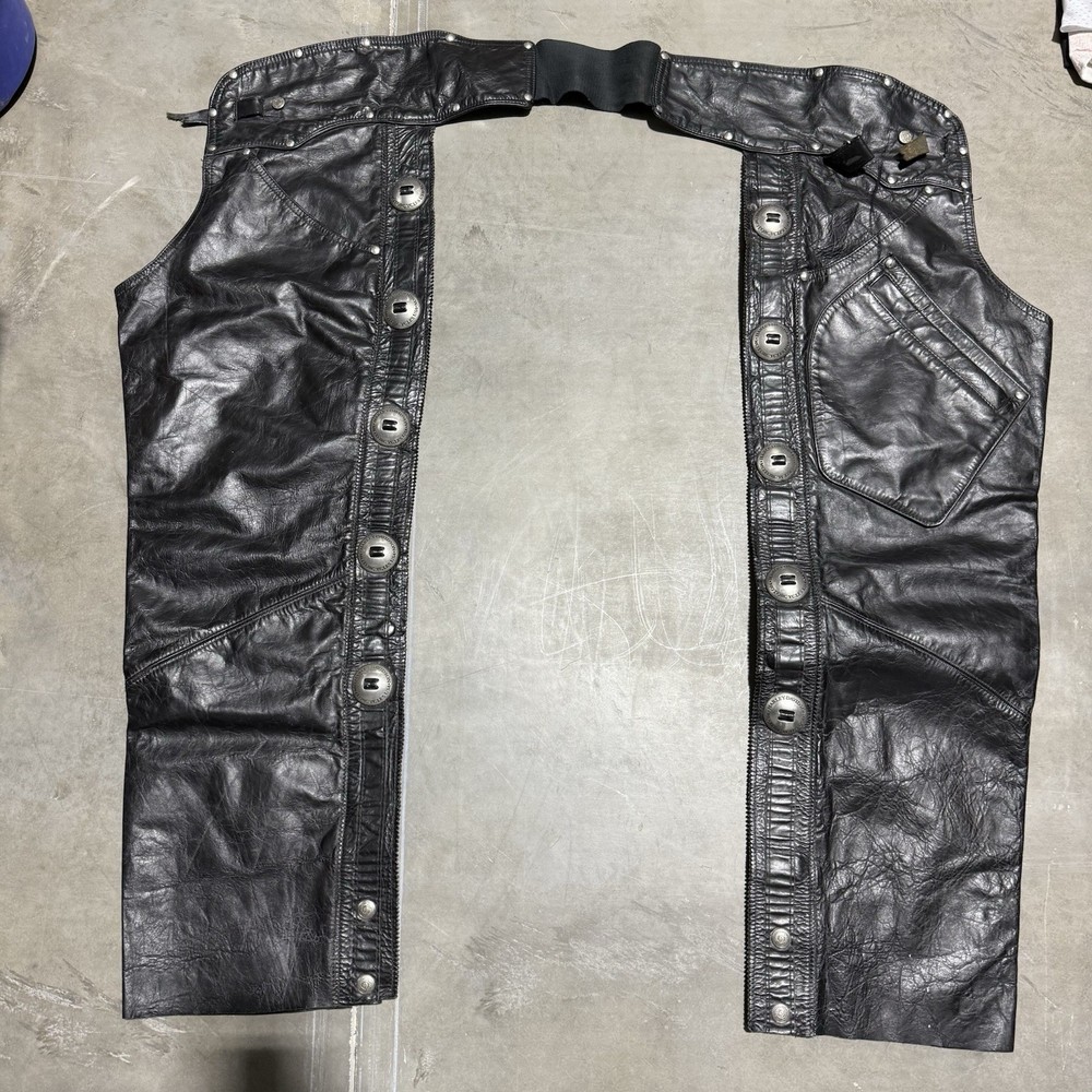 Harley-Davidson Black Leather Motorcycle Chaps Snap Button USA Riding Medium