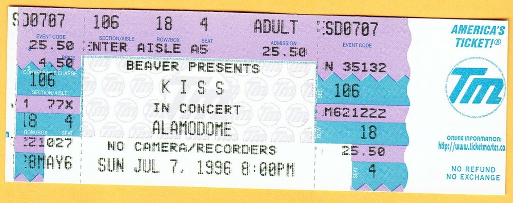 1996 KISS Concert Ticket Alamodome SAN ANTONIO TEXAS Paul Stanley Gene Simmons
