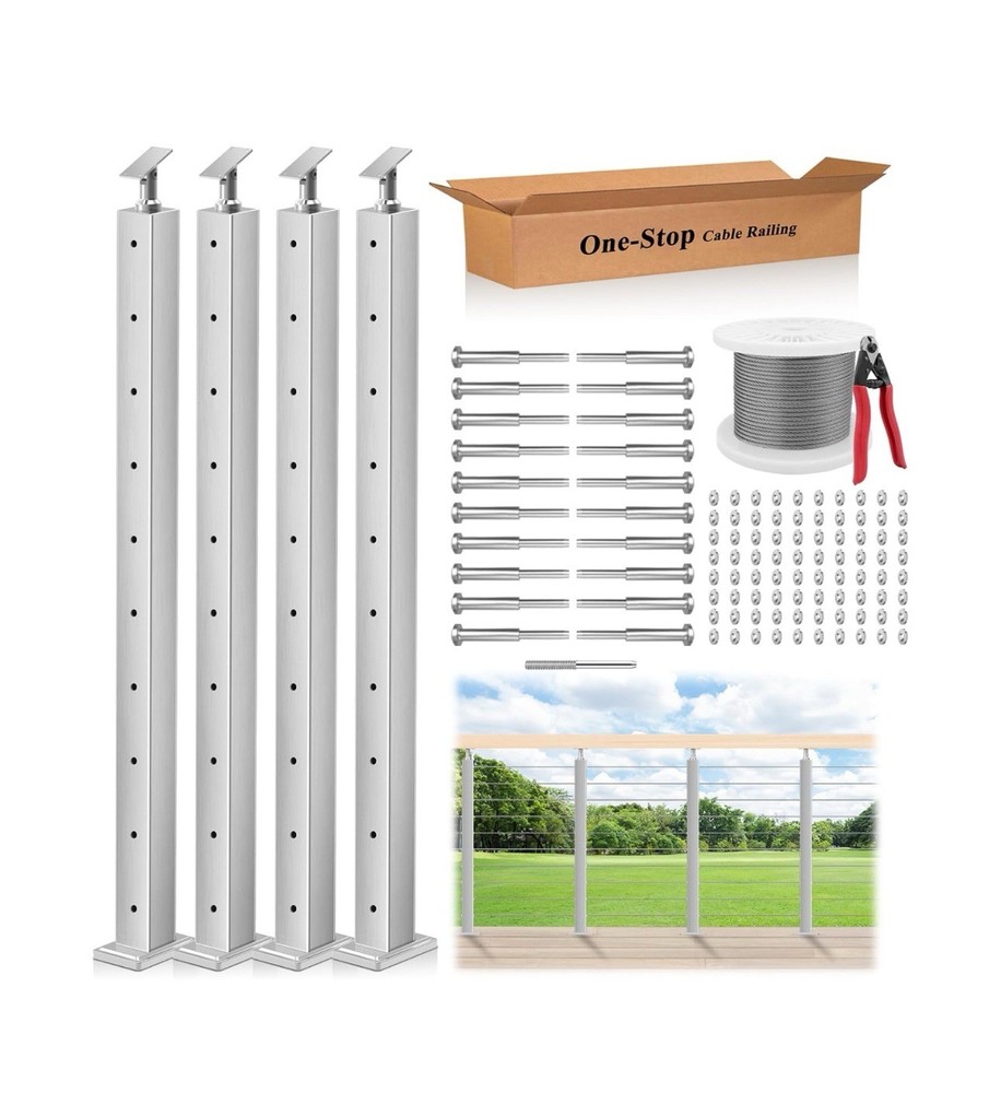 36" One-Stop Cable Railing Post Kits, 4Pack Brushed Finish Level Drilled Line...