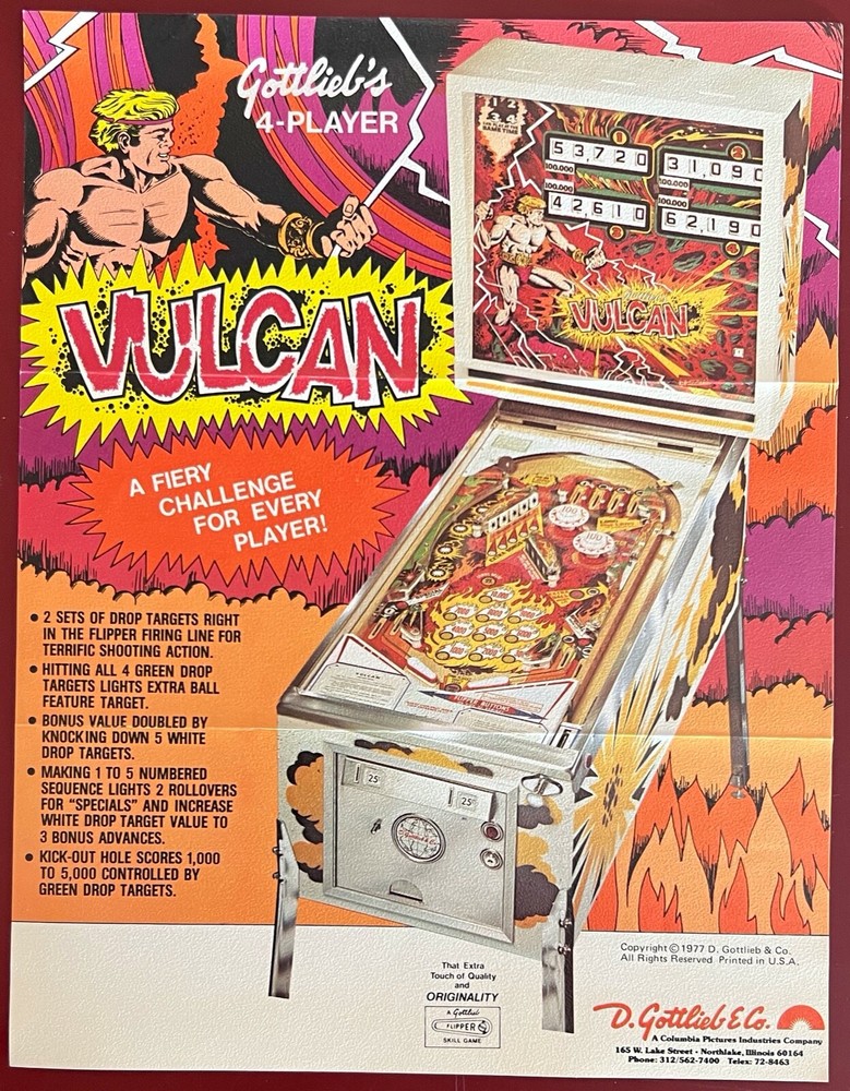 1977 Gottlieb Vulcan Original Pinball Flyer