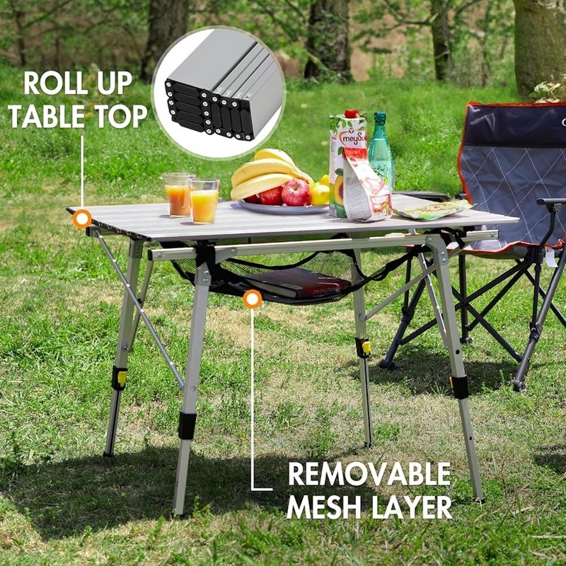 Adjustable Folding Camping Table W/ Storage Mesh Quick Setup Telescoping Legs US