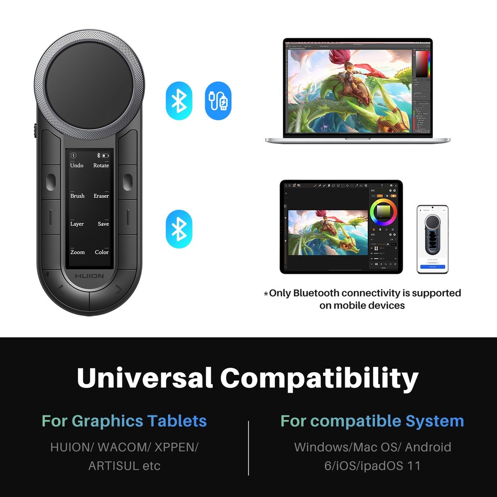 HUION Keydial Remote Bluetooth 5.0 Programmable Keypad OLED Display Macro Keypad