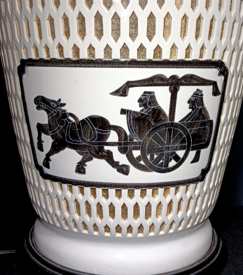 Vintage Blanc de Chine Pierced Reticulated Lamp Chariot Motif