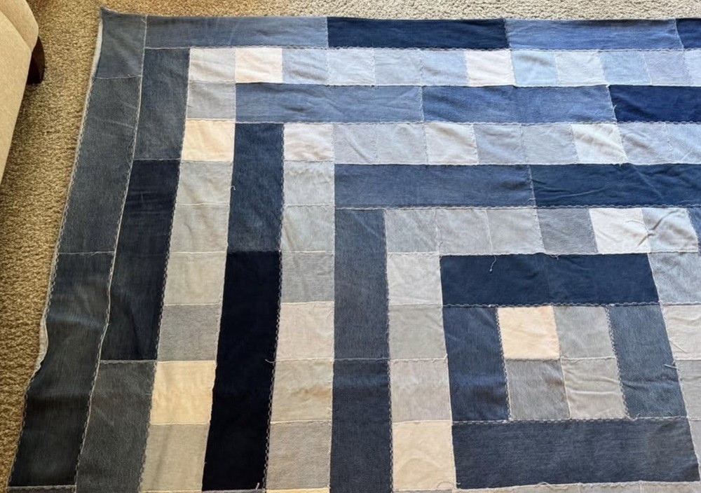 Vintage Patchwork Squares Denim Quilt Heavy Unique Mod Geometric