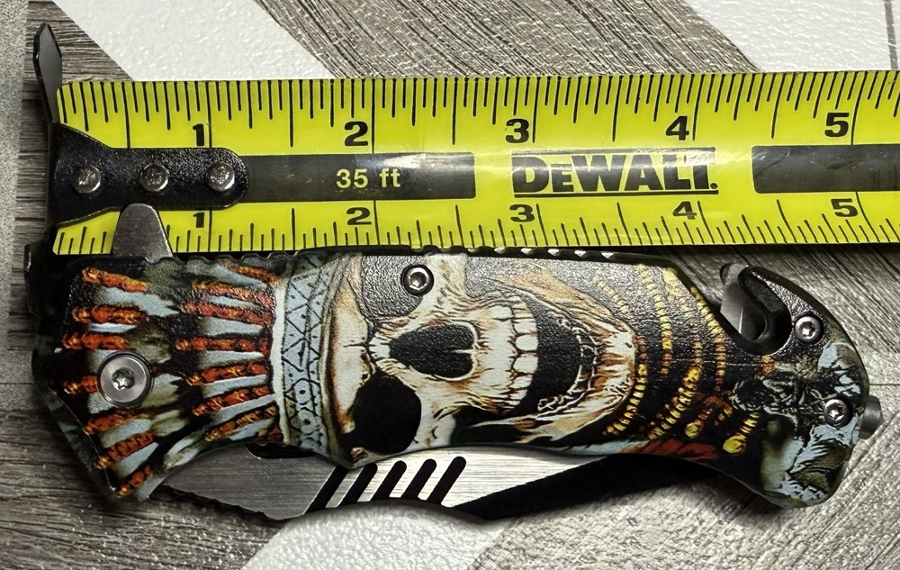 Native American skull face spring assisted pocketknife #5024