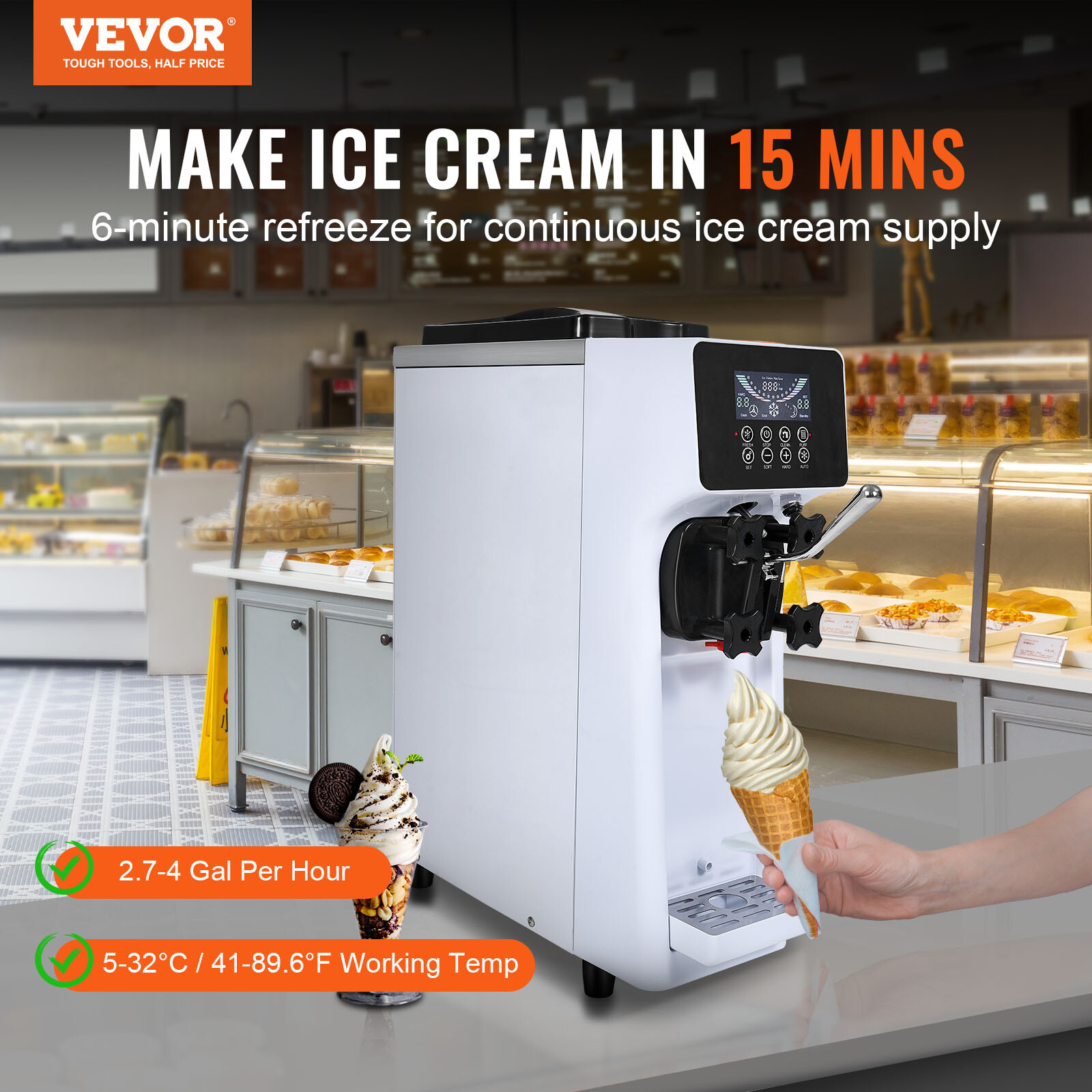 VEVOR Soft Serve Ice Cream Machine Maker 10L/H Yield Single Flavor Countertop