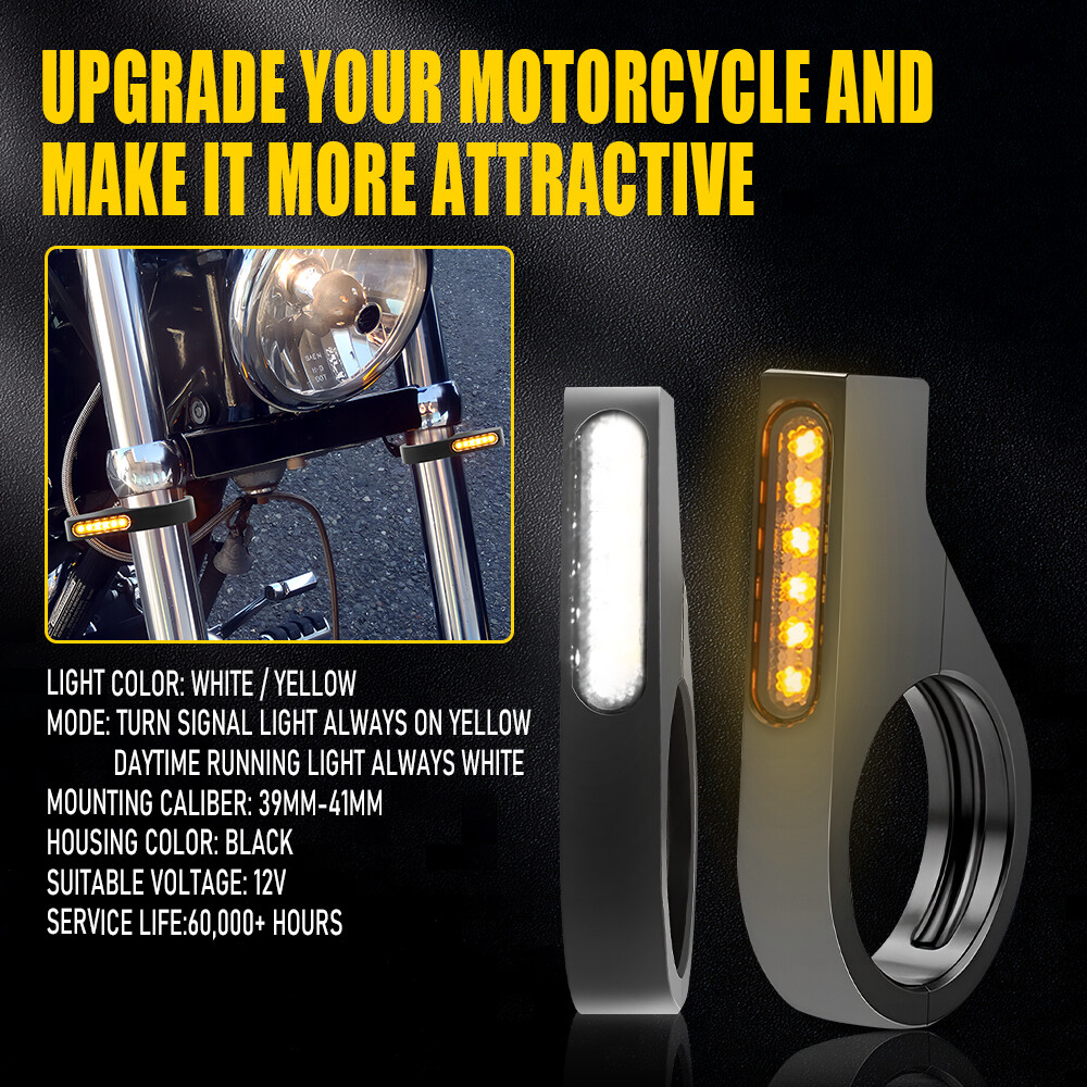 2X Front Motorcycle 39mm Fork White Amber LED DRL Turn Signal Light Indicator