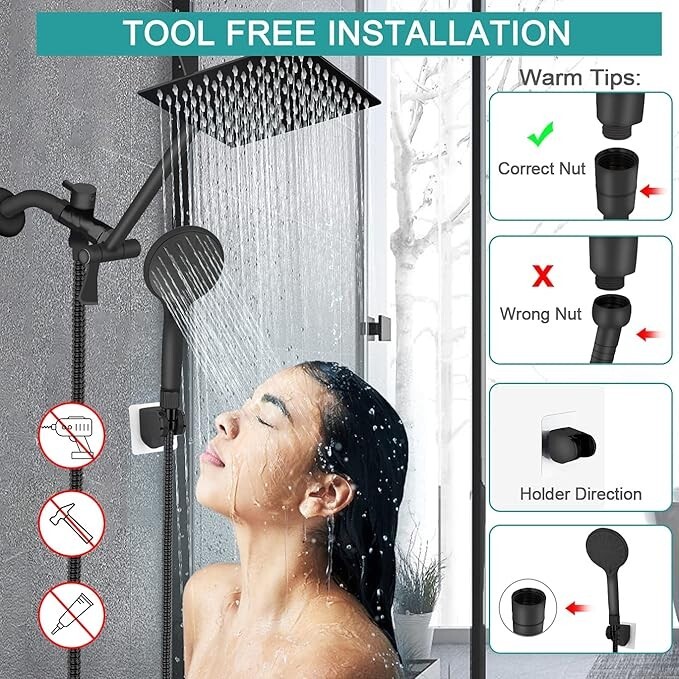 Matte Black 12 Inch Adjustable 3-Modes Rainfall Shower Spray Head Combo