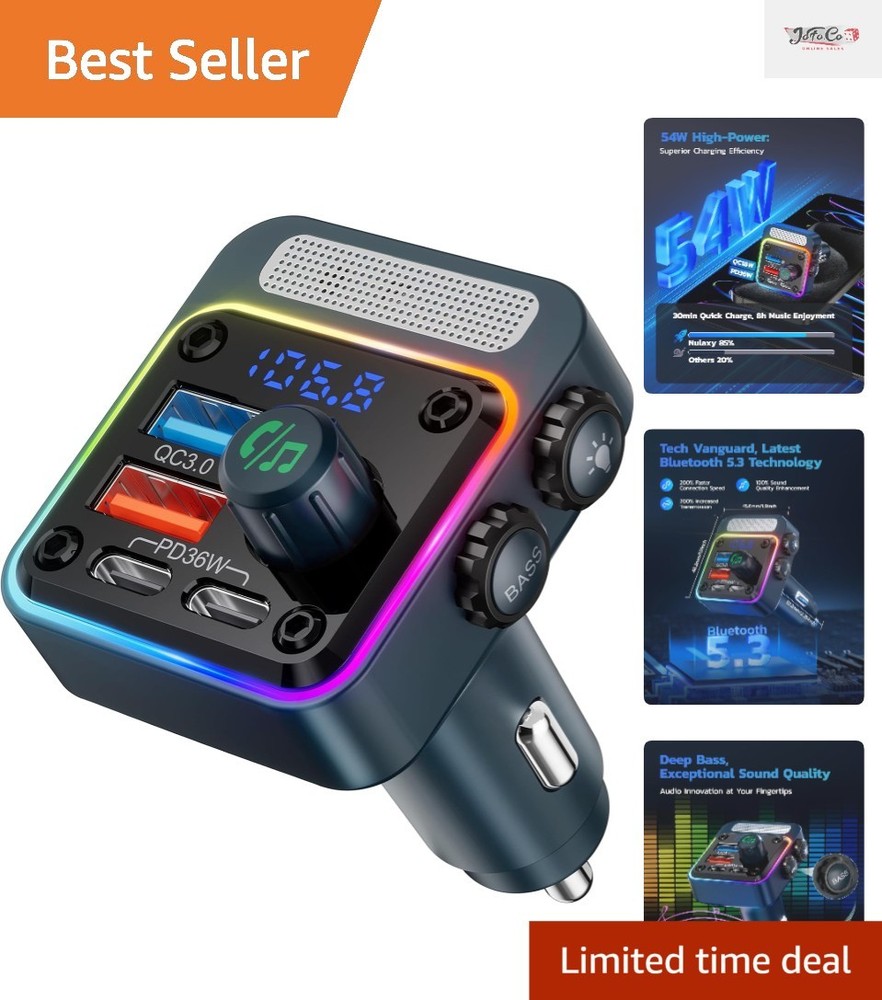 4-Port Bluetooth Car Adapter with FM Transmitter & LED Backlit - 54W Power