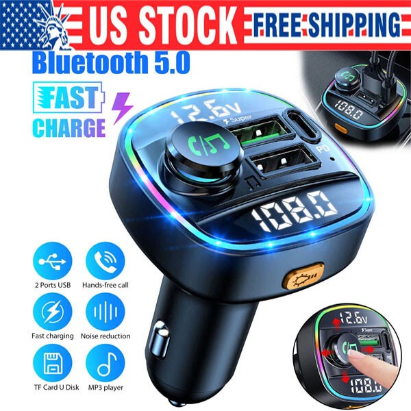 Bluetooth 5.0 Car Wireless FM Transmitter Adapter USB PD Charger AUX Hands LOT