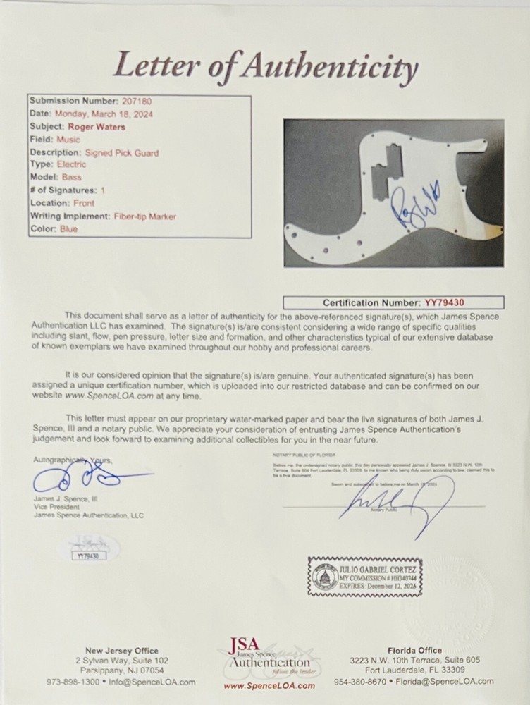 PINK FLOYD Autograph Signed Guitar JSA AUTHENTIC Roger Waters