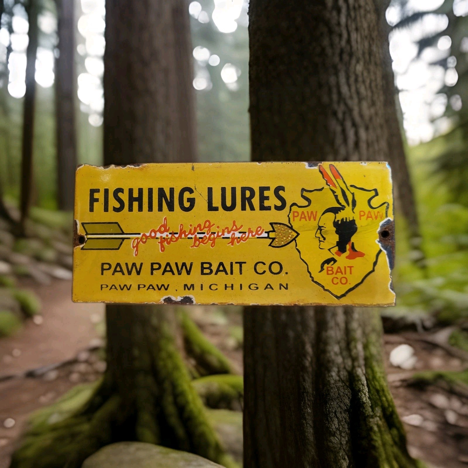 Vintage Paw Paw Bait Porcelain Sign Fishing Bait Lures Bass Michigan Gas Oil