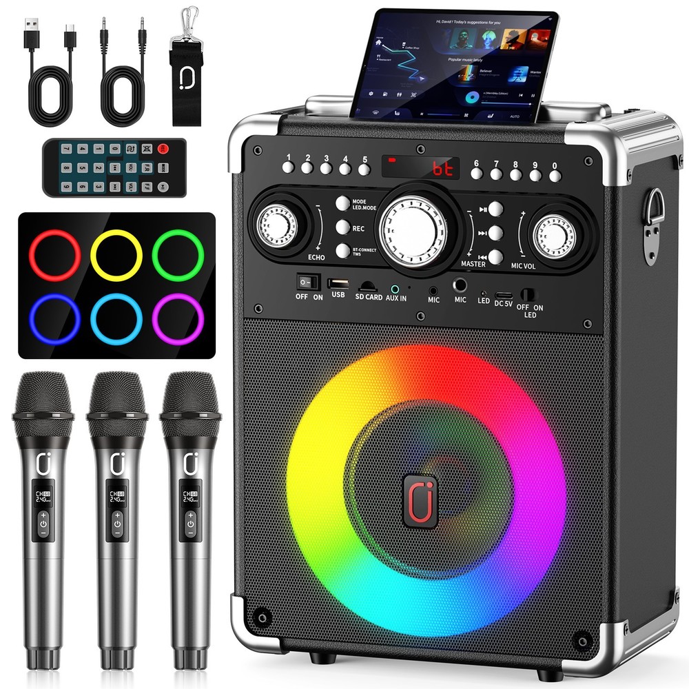 Karaoke Machine with 3 Wireless Mics,Bluetooth Speaker,RGB Light,Digital Display