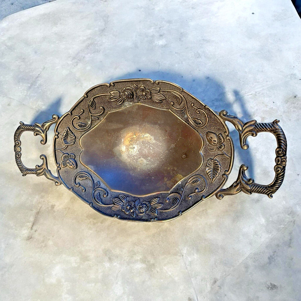 Studio Silversmiths Floral  Repousse Candy Trinket Dish w Handles & Feet Vintage