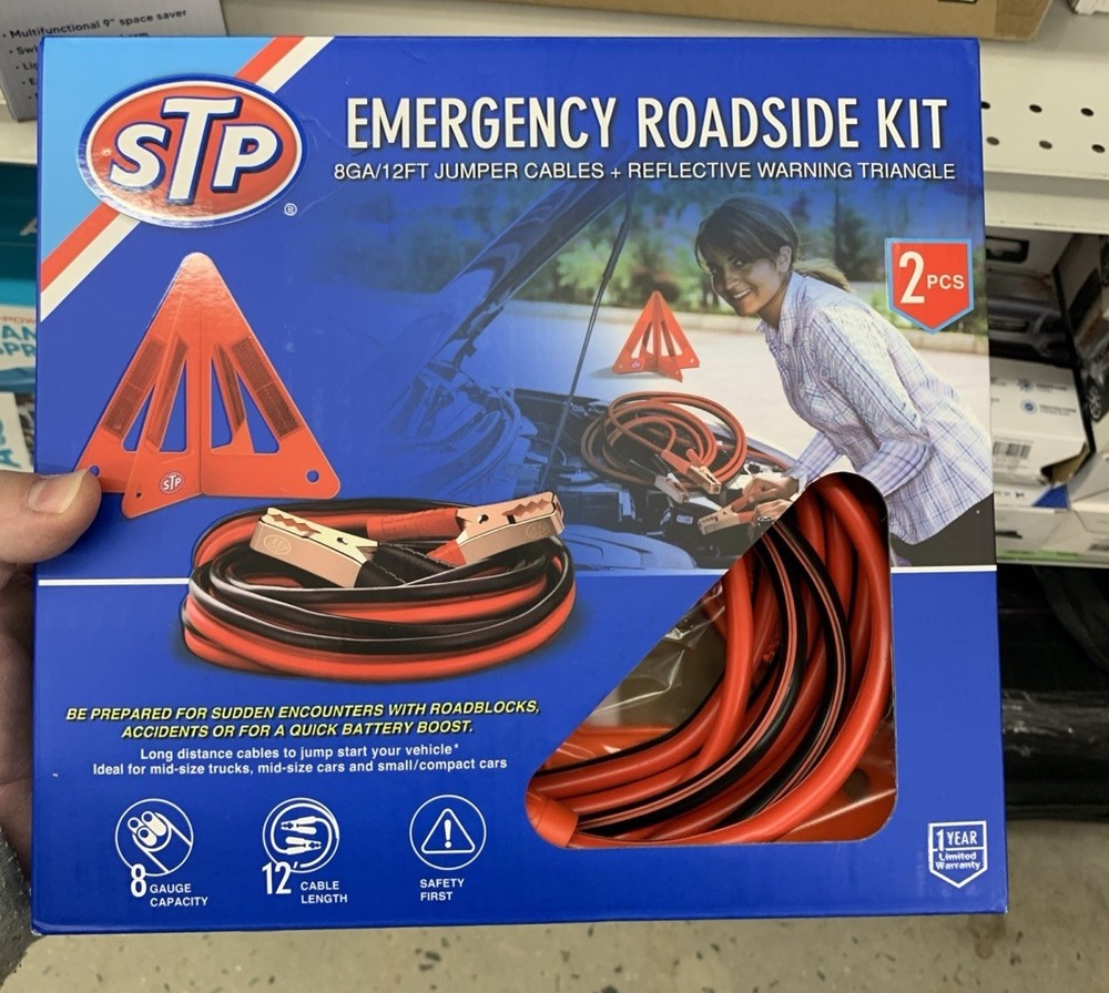 Emergency Roadside 2-Piece Kit 12ft Jumper Cables Warning Triangle Carrying Case