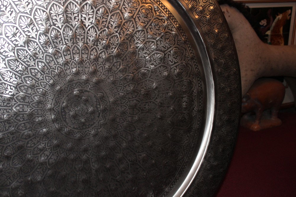 HUGE Arabic Middle Eastern Silver Metal Circular Table Top Wall Decor Engraved