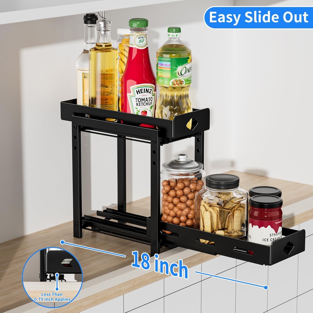 BOIVSHI Pull Out Spice Rack Organizer 2-Tier Vertical Adjustable Metal Black