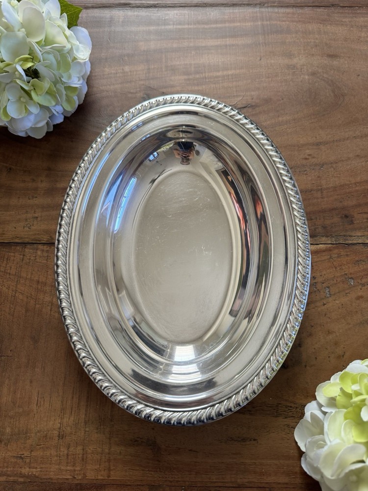 Vintage Silver Plated Oval Serving Bowl Edge Detail 12 Inc Polished