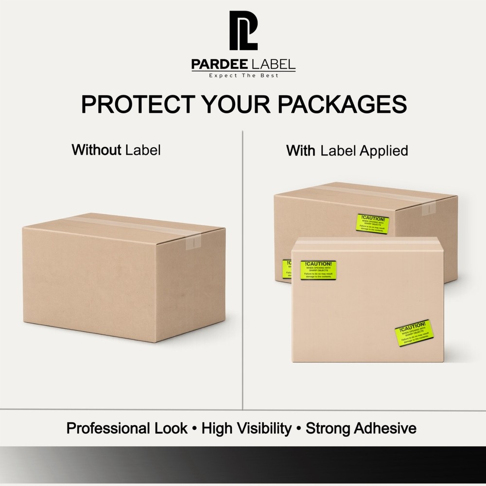 Caution Sharp Objects Stickers 2x4 Neon – 200 Safety Labels Roll