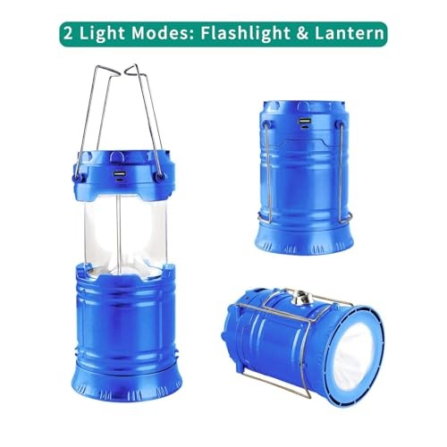LED Camping Lantern, Solar and Rechargeable Lantern Flashlight Collapsible Blue