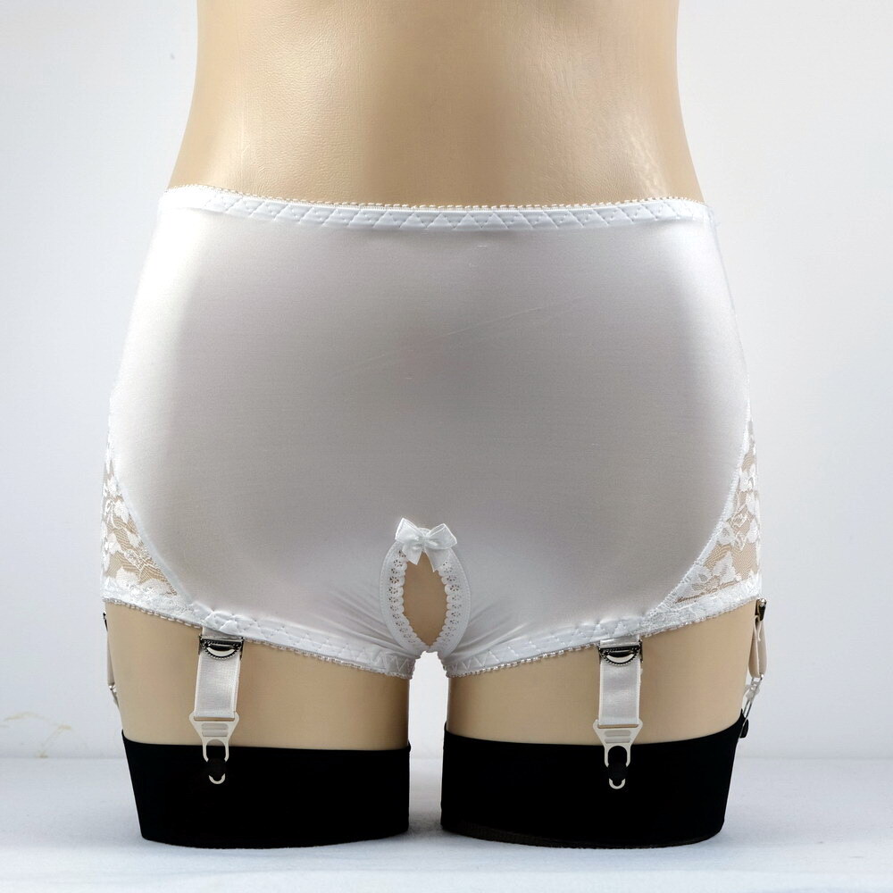 Luxallacki Crotchless Garter Panties 6 Straps Metal Clips Lace Satin Lingerie