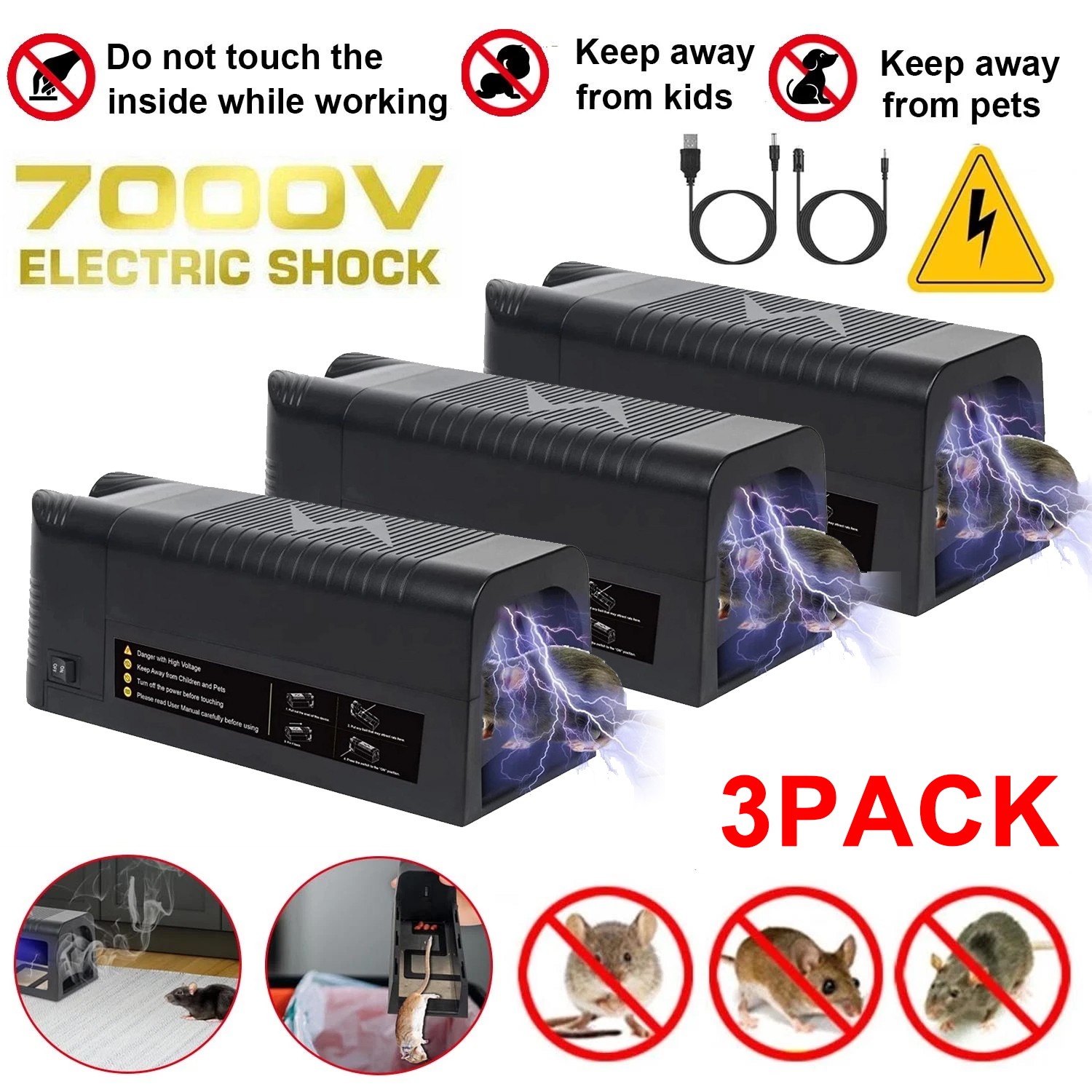 3PCS Electronic Mouse Trap Victor Control Rat Killer Pest Electric Rodent Zapper