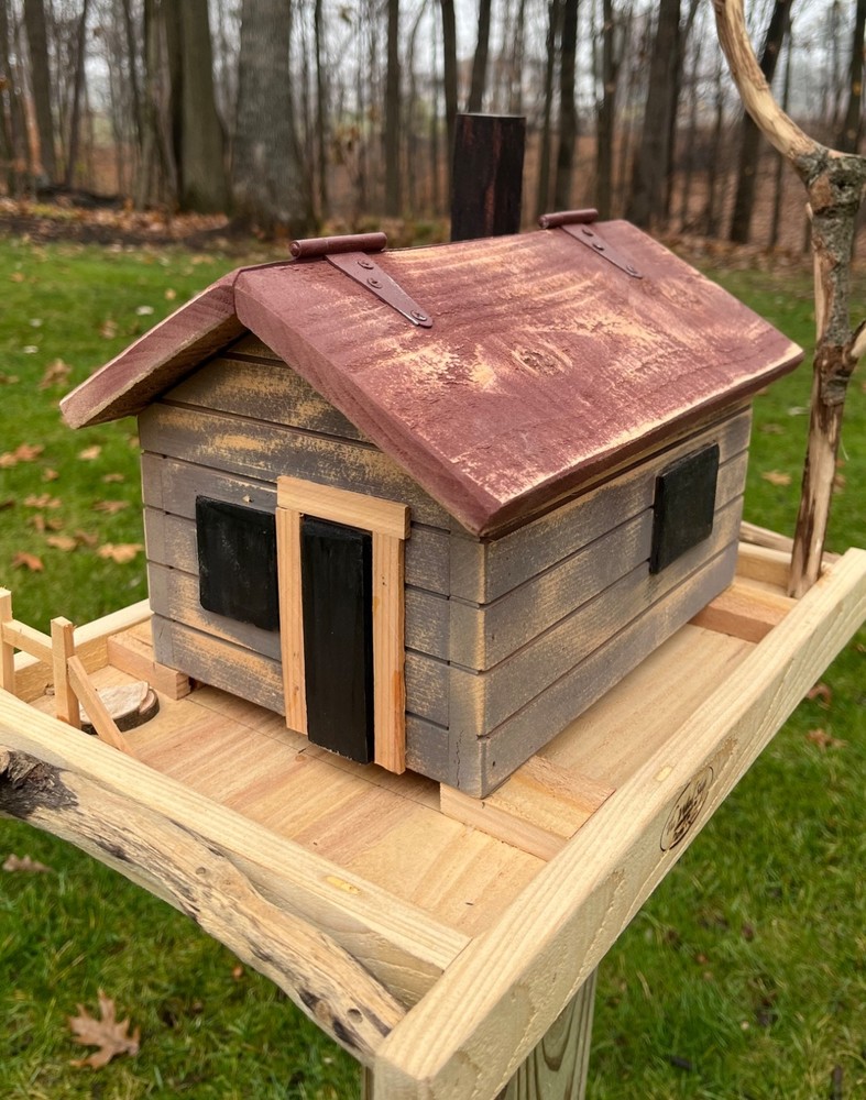 Rustic Log Cabin Bird Feeder W/ Branch Perch, Handmade