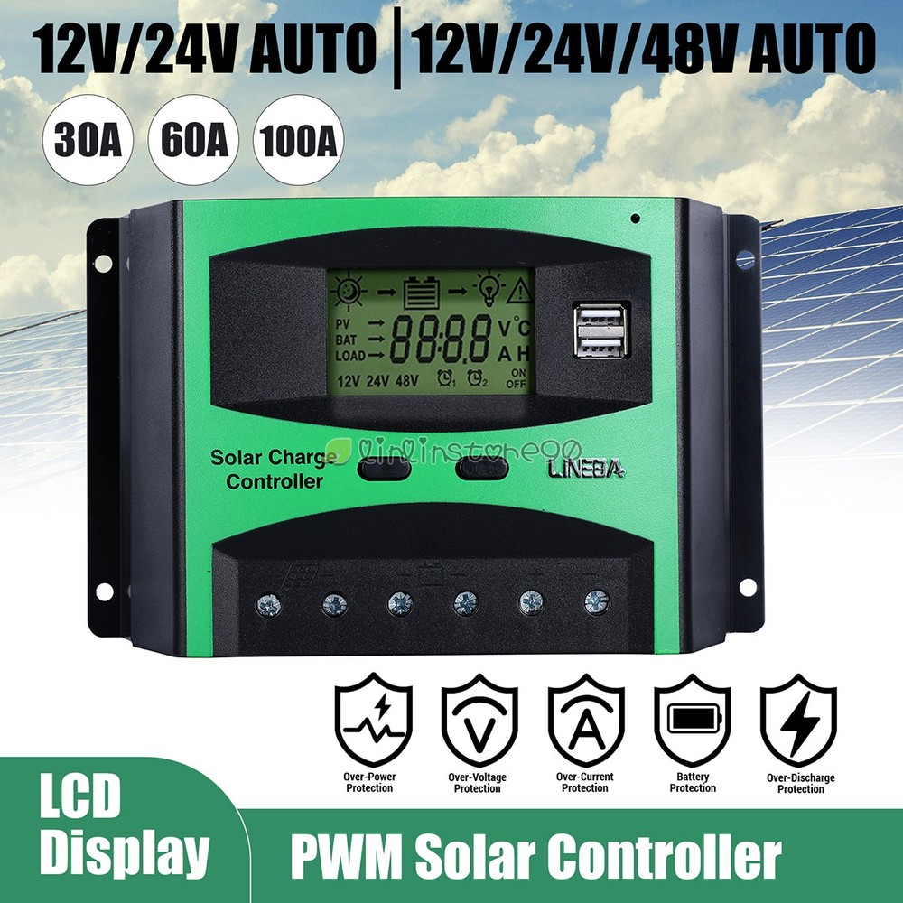30A-100A Solar Panel Battery Charge Controller 12V/24V/48V Regulator LCD 2 USB