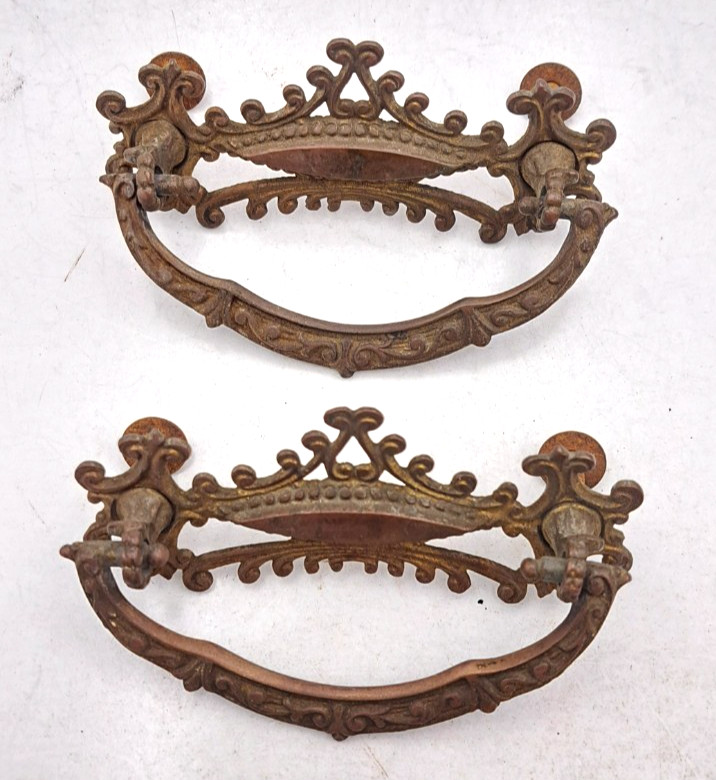 Antique Handles Hardware Furniture Vintage Drawer Pulls Old Brass Pair