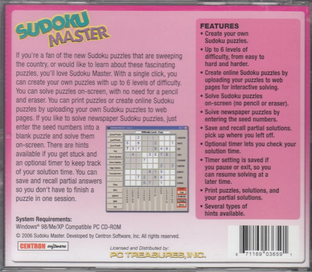 PC Game - SUDOKU MASTER - Includes 600 Unique Puzzles