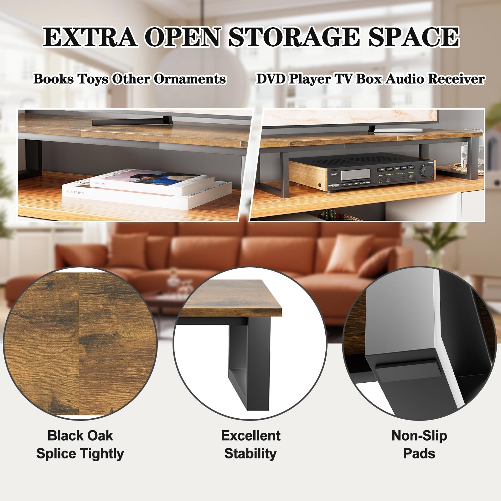 59 Large TV Riser Stand for 32-75 TV, TV Shelf Steel Legs Brown