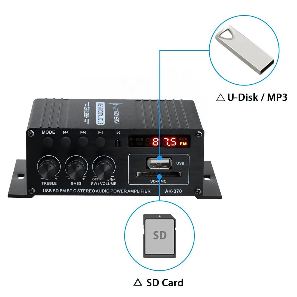 AK370 Power Digital Amplifier Bluetooth HIFI Stereo SD Card U disk AUX input