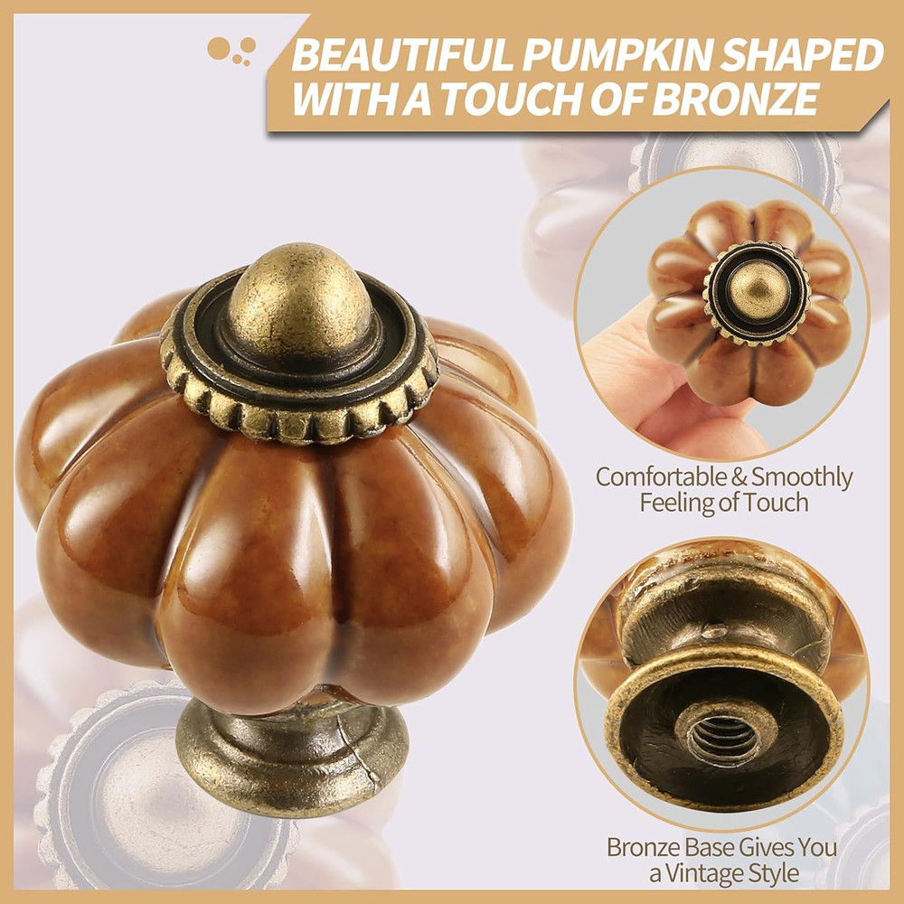 Earthy Yellow Pumpkin Knobs 6 Pack Ceramic Cabinet Knobs Vintage Drawer Pulls -