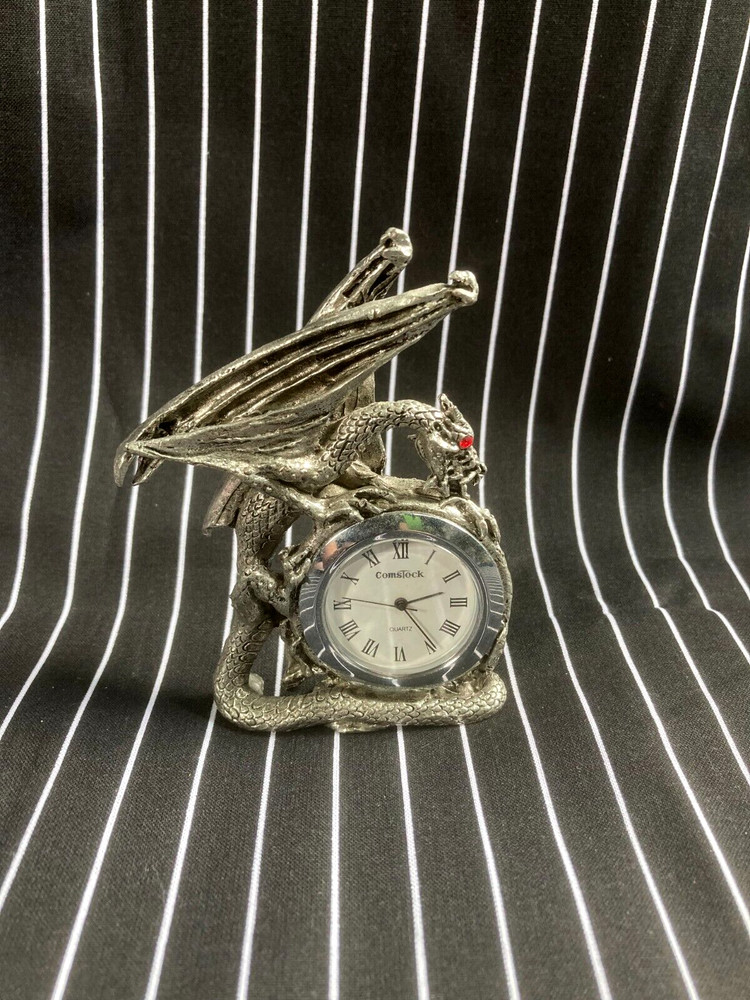 Comstock Winged Dragon Solid Pewter Desk Clock Red Gemstone Eye Intricate Detail