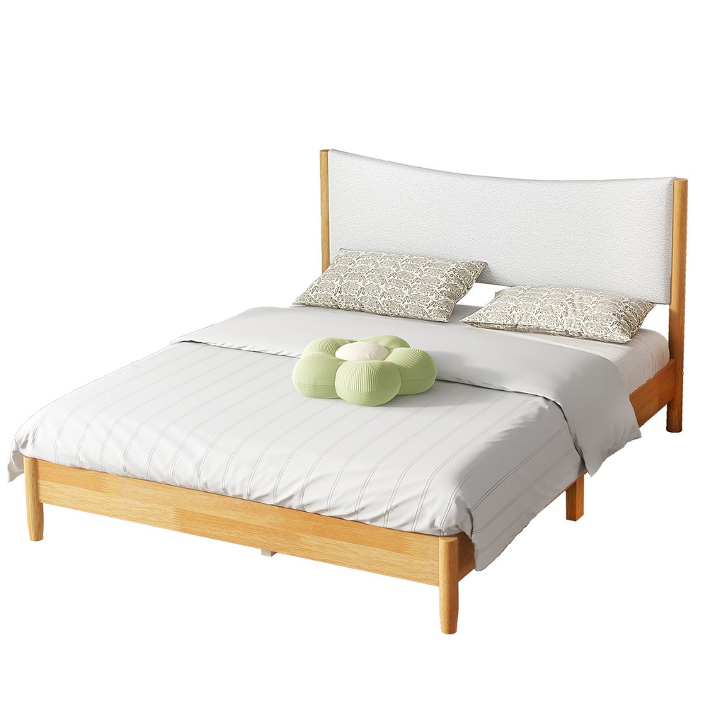 Queen Size,Solid Rubber Wooden Bed with Boucle Upholstered Headboard,Enhanced by
