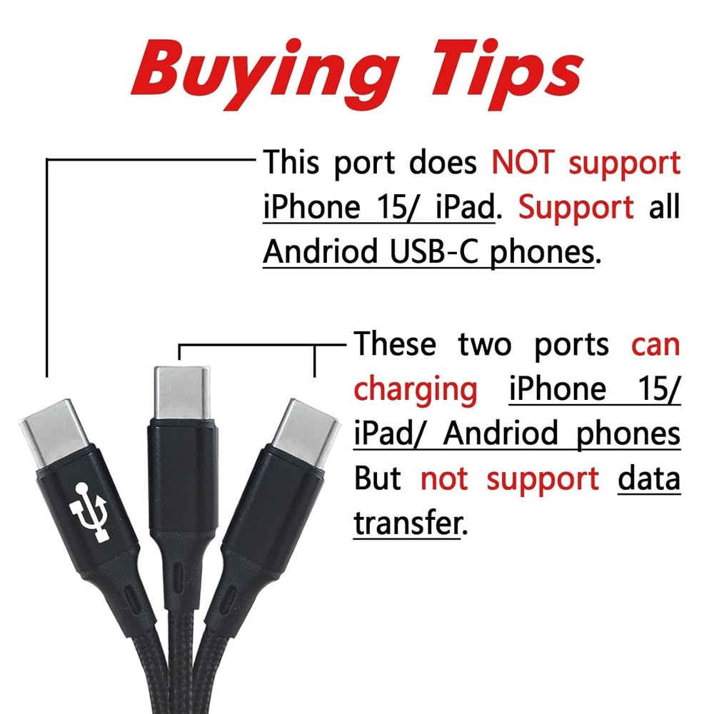 Multi USB C Cable 4FT, 3 in 1 Multiple Type C Charging,3A Splitter Black