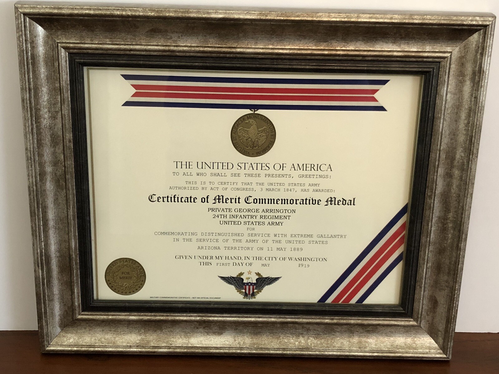 CERTIFICATE OF MERIT COMMEMORATIVE MEDAL CERTIFICATE ~ Type 1 w/Custom Printing