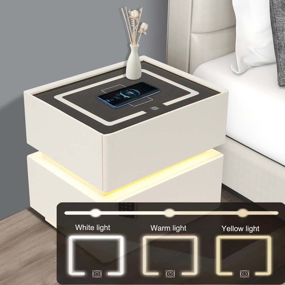 Smart Nightstand W/ Tri color sensor light+Wireless Charging+USB Bedside Table