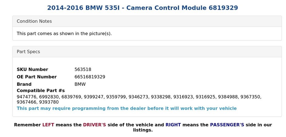 2014-2016 BMW 535I - Camera Control Module 6819329